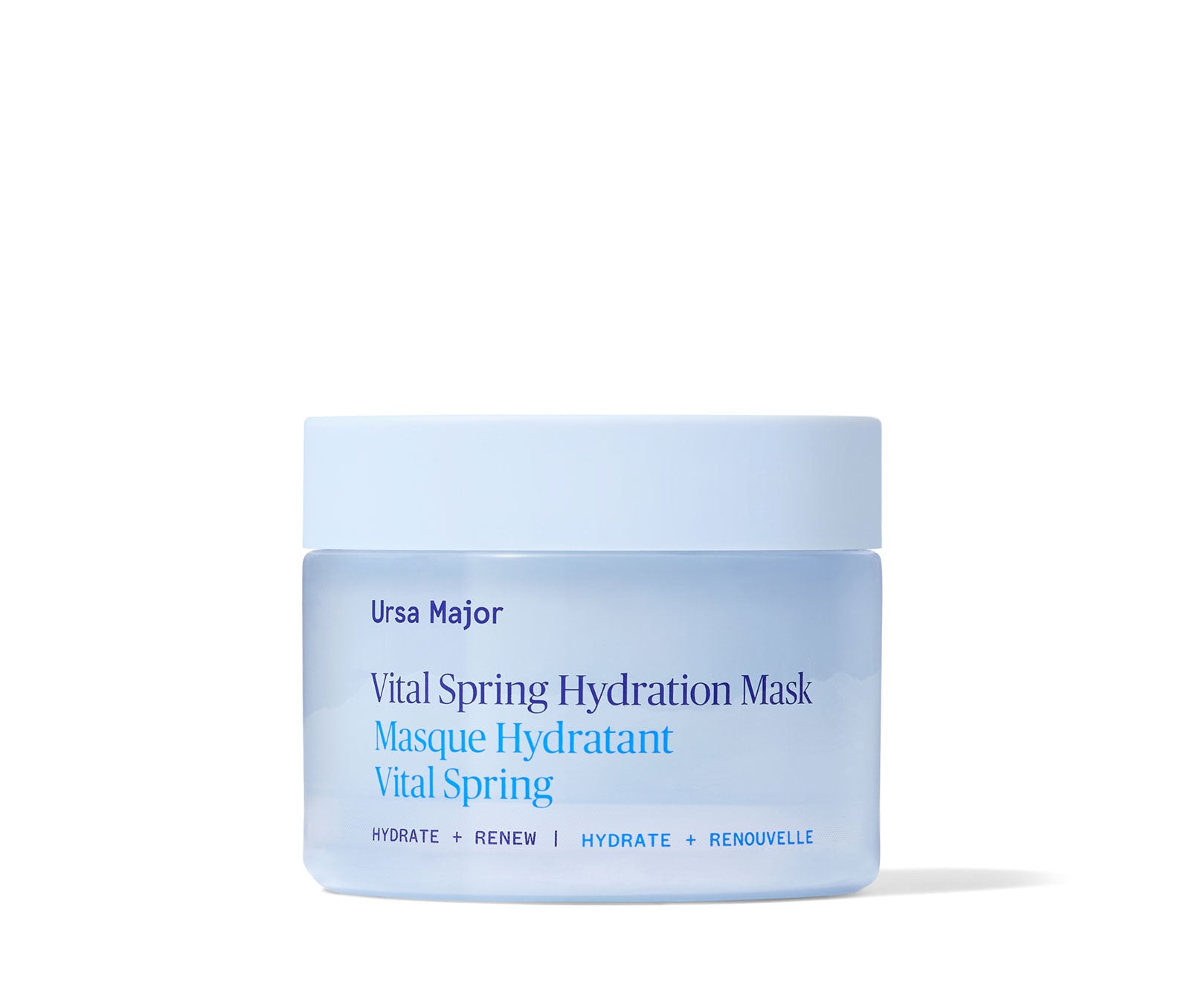 Blue jar of Ursa Major Vital Spring Hydration Mask jar on a white background
