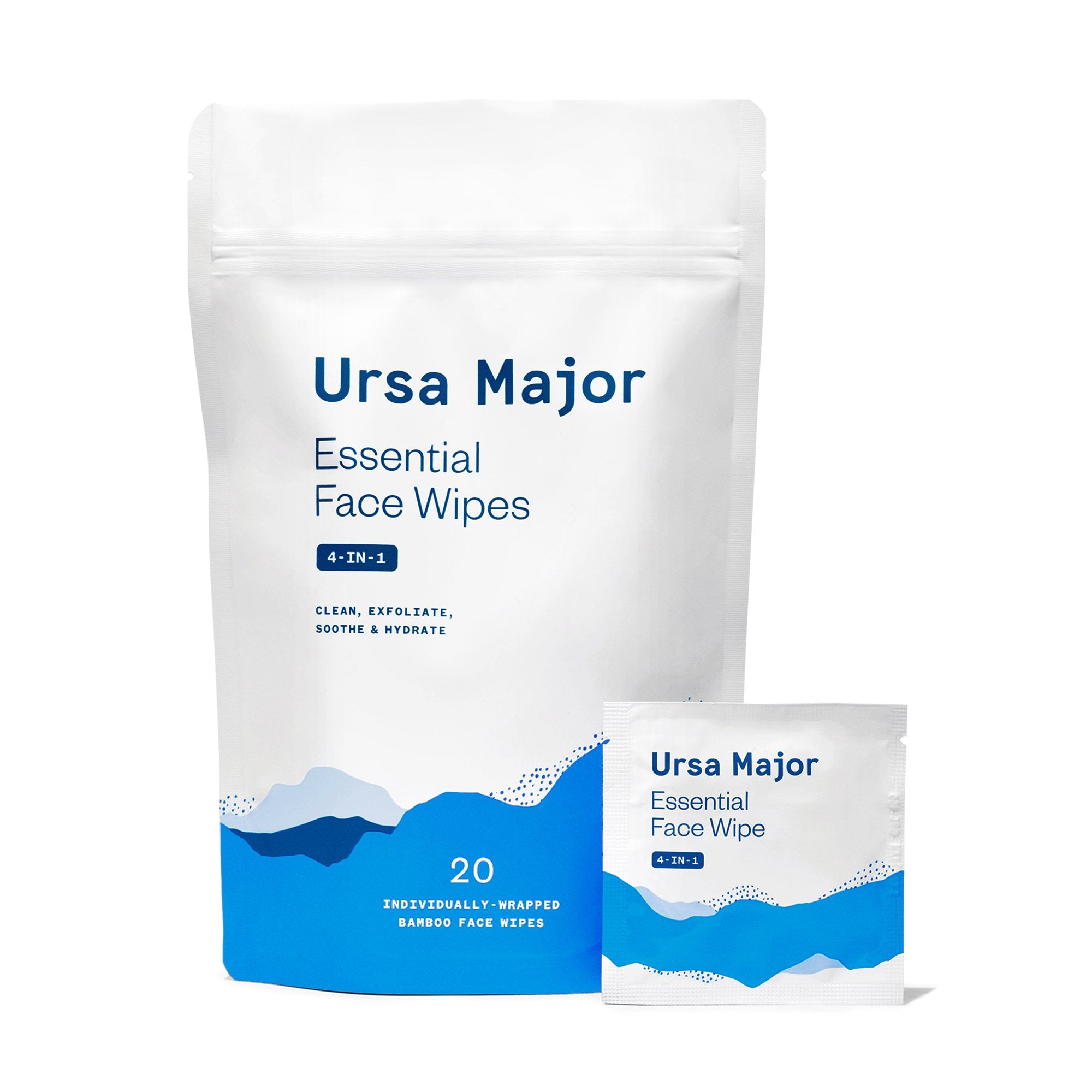 Blue and white packaging for 4-in-1 Essential Face Wipes by Ursa Major Skincare