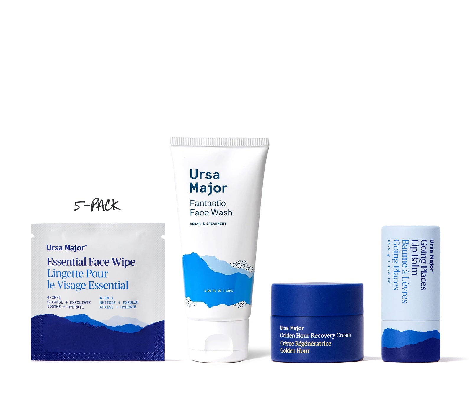 Set of Ursa Major skincare products including face wash, cream, and wipes on a white background