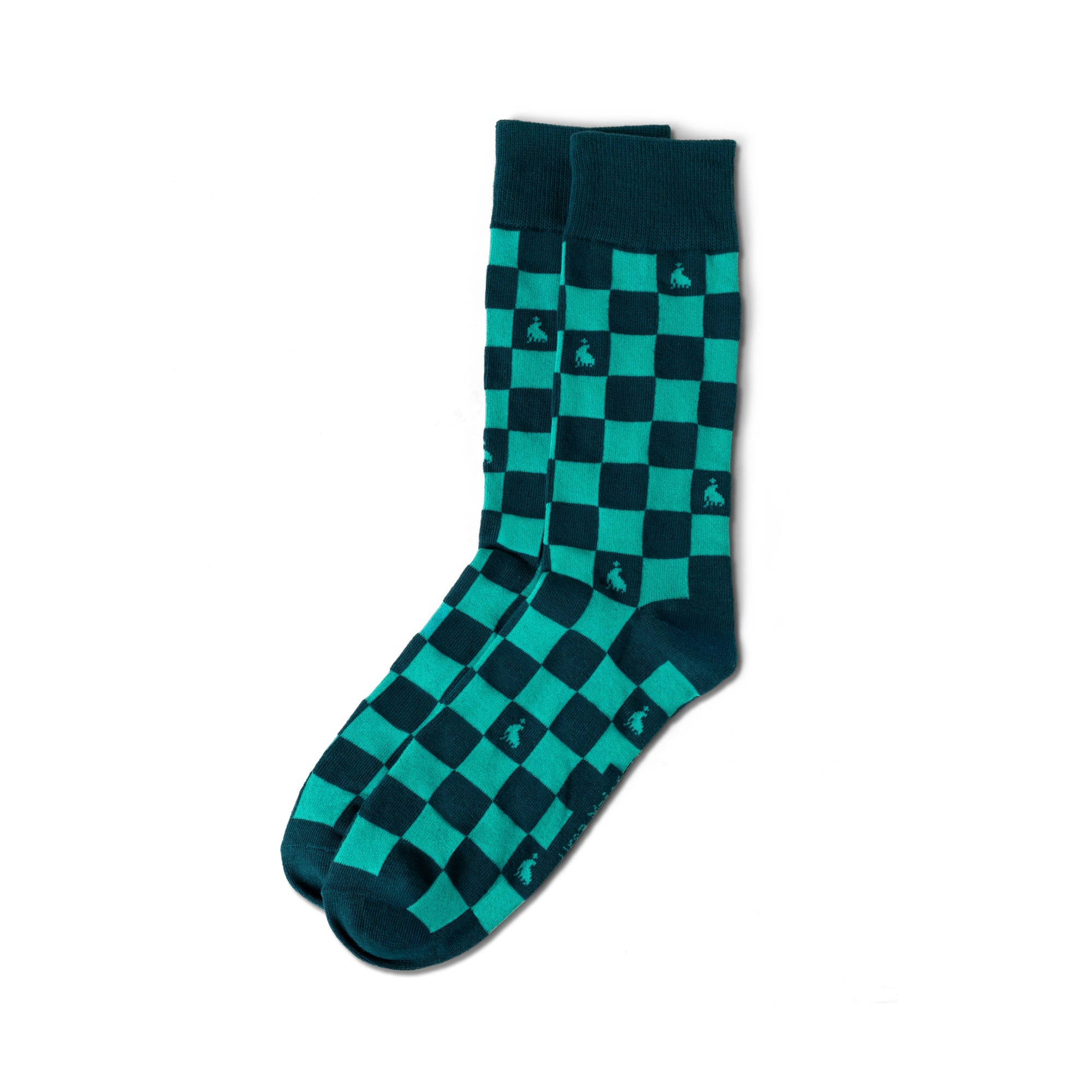 Green and teal checkered socks on a white background