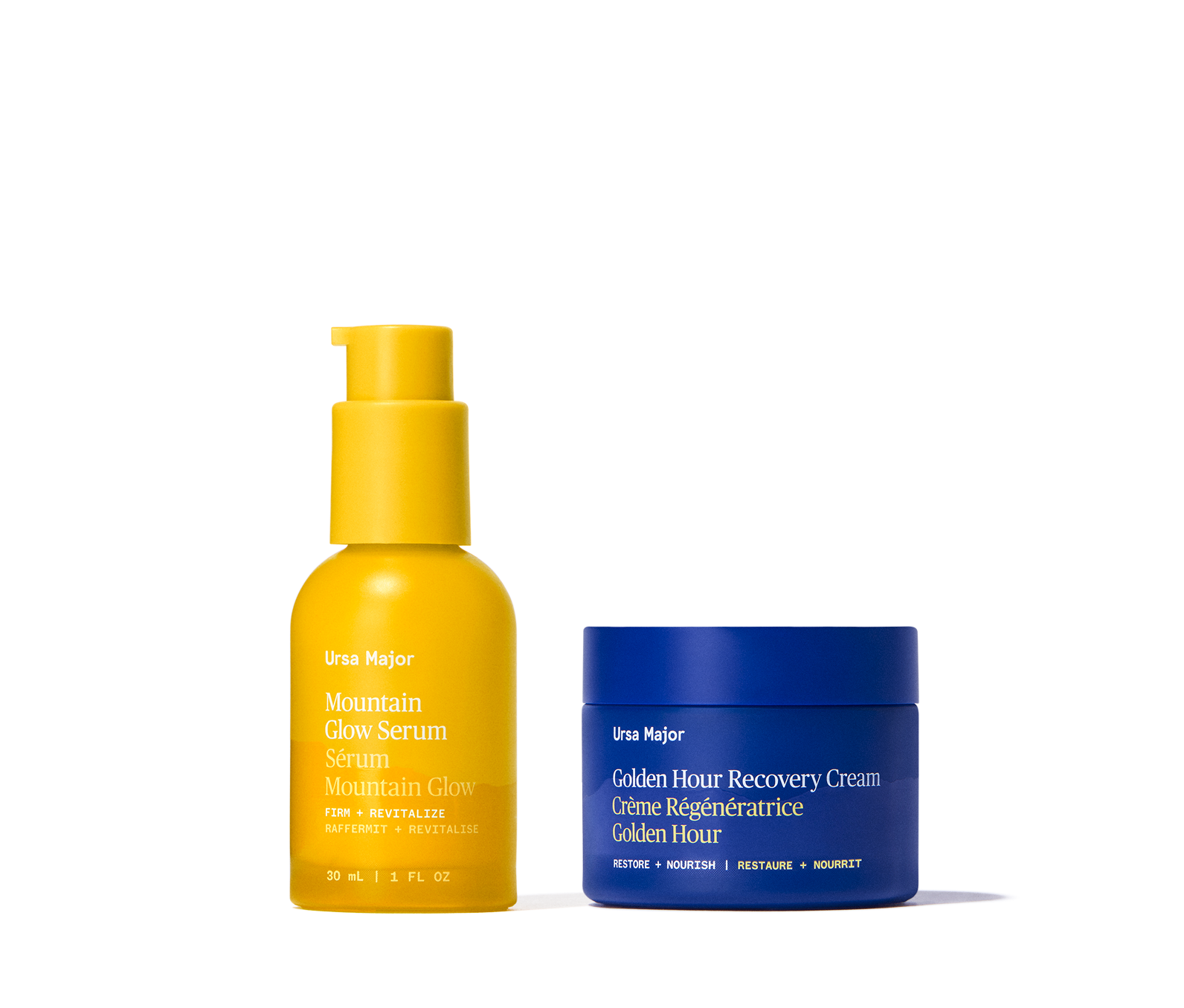 Yellow Mountain Glow Serum bottle and blue Golden Hour Recovery Cream jar on a white background