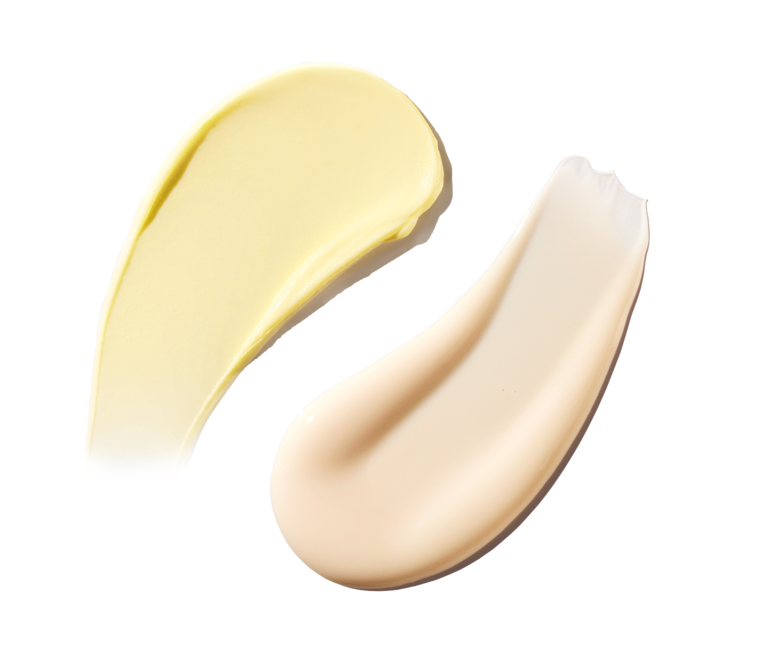 Two swatches of beige cream and serum on a white background