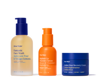 Three skincare products - Fantastic Face Wash, Vitamin C Serum, and Golden Hour Recovery Cream -  from Ursa Major on a white background