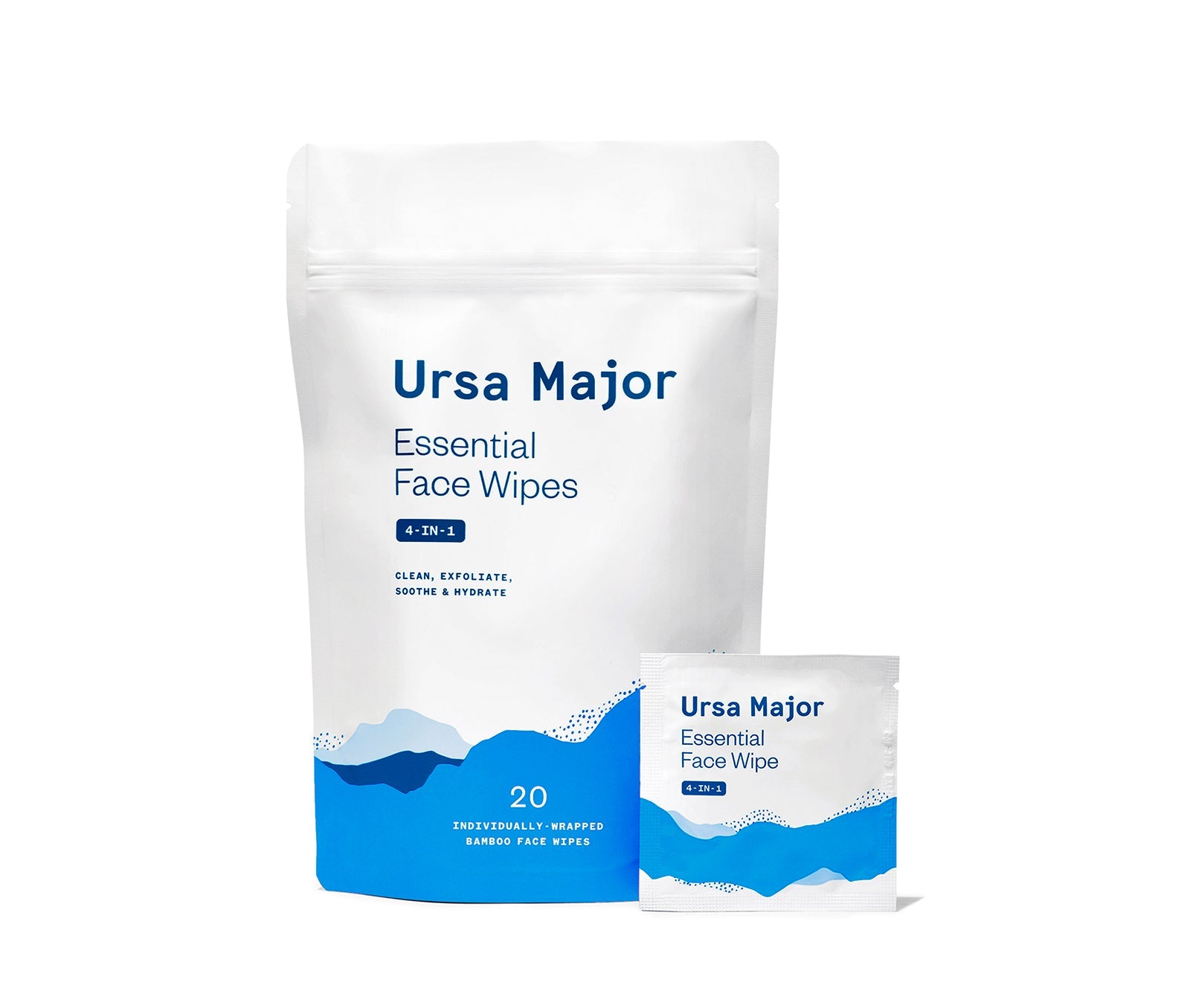Blue and white packaging for 4-in-1 Essential Face Wipes by Ursa Major Skincare