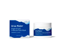 Box of Ursa Major Bright & Easy 3-Minute Flash Mask next to the jar of Bright & Easy 3-Minute Flash Mask. The jar is white with blue mountains on it.