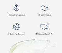 Infographic indicating that this product is made with clean ingredients, glass packaging, cruelty-free, and made in the USA