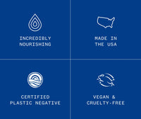 Infographic that says Ursa Major Golden Hour Recovery Cream is incredibly nourishing, name in the USA, certified plastic negative, and vegan & cruelty-free.