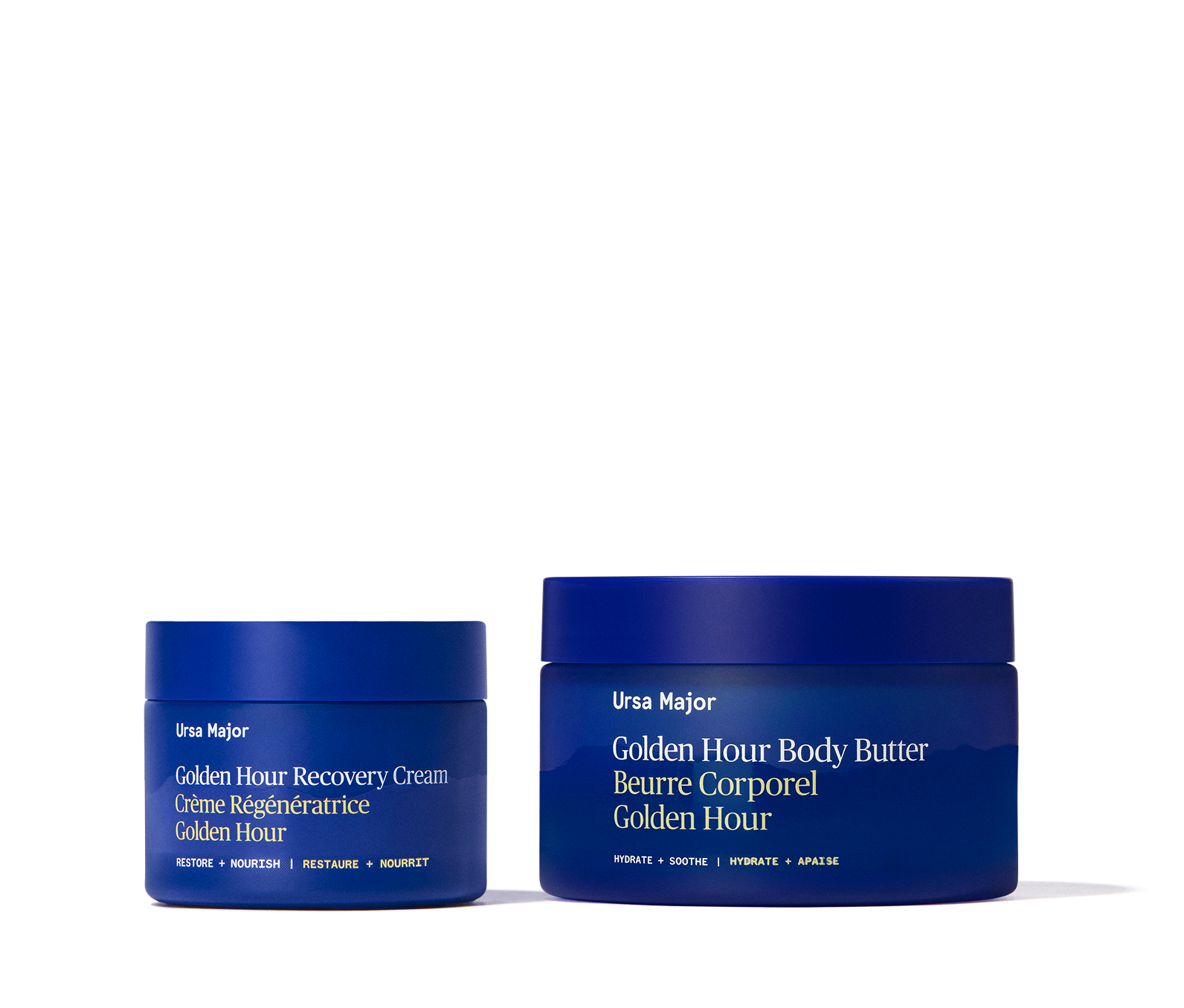 Two blue jars of Ursa Major Golden Hour Recovery Cream and Body Butter on a white background