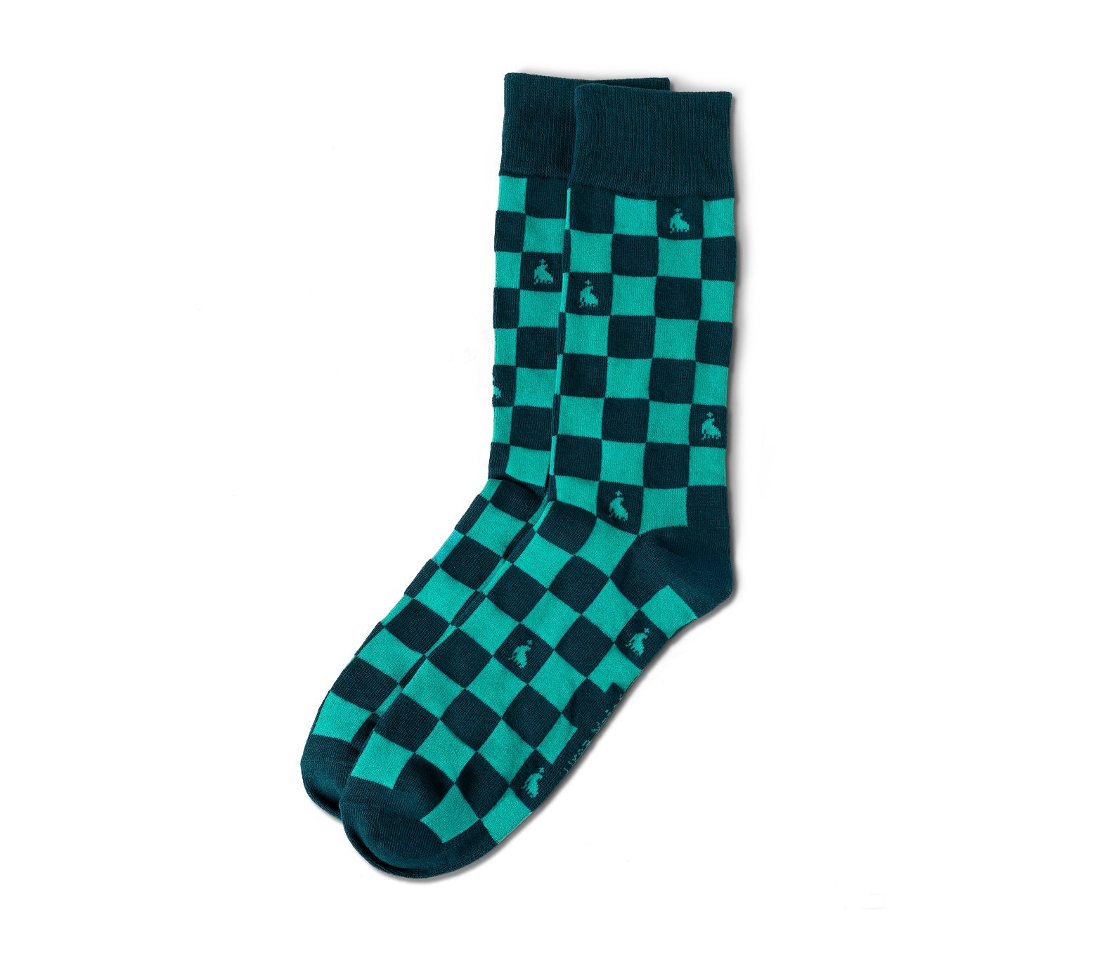 Hunter green and teal checkered socks on a white background