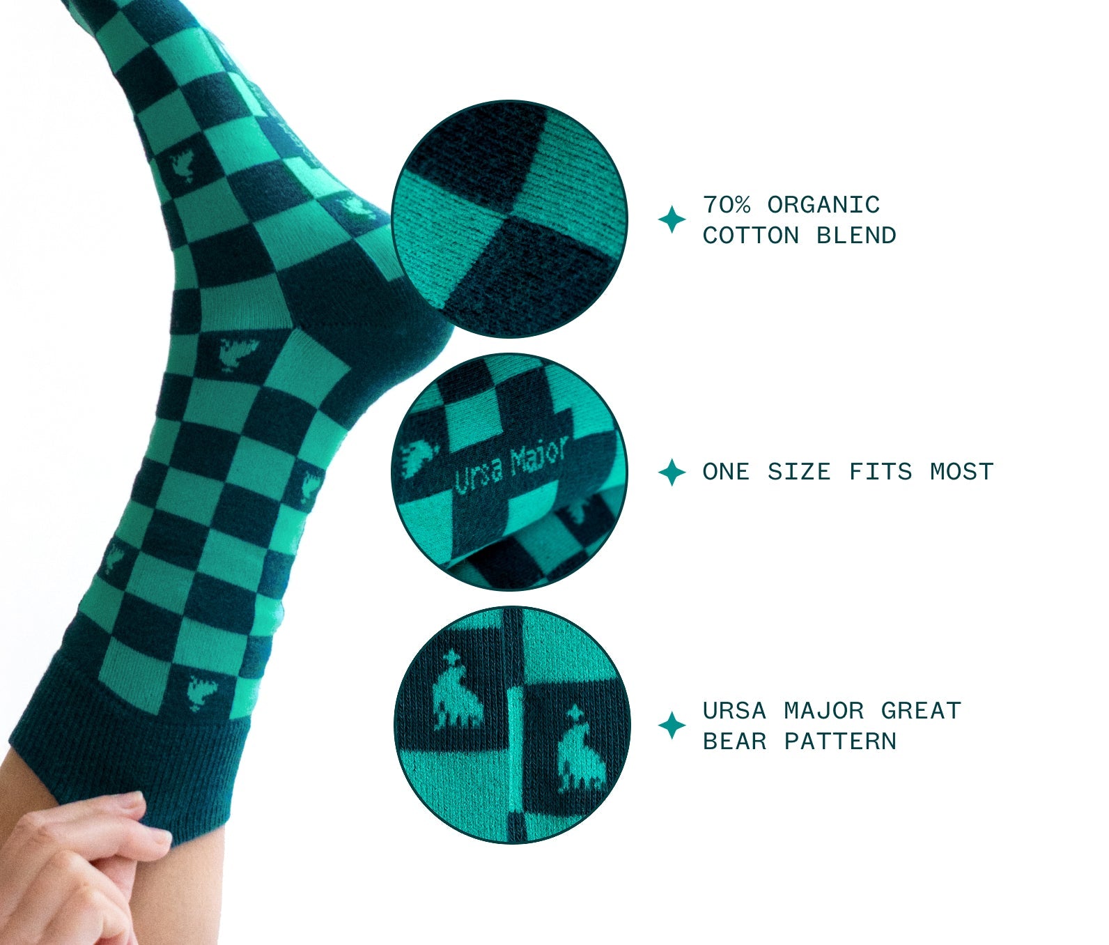 Green checkered socks with Ursa Major branding on a white background