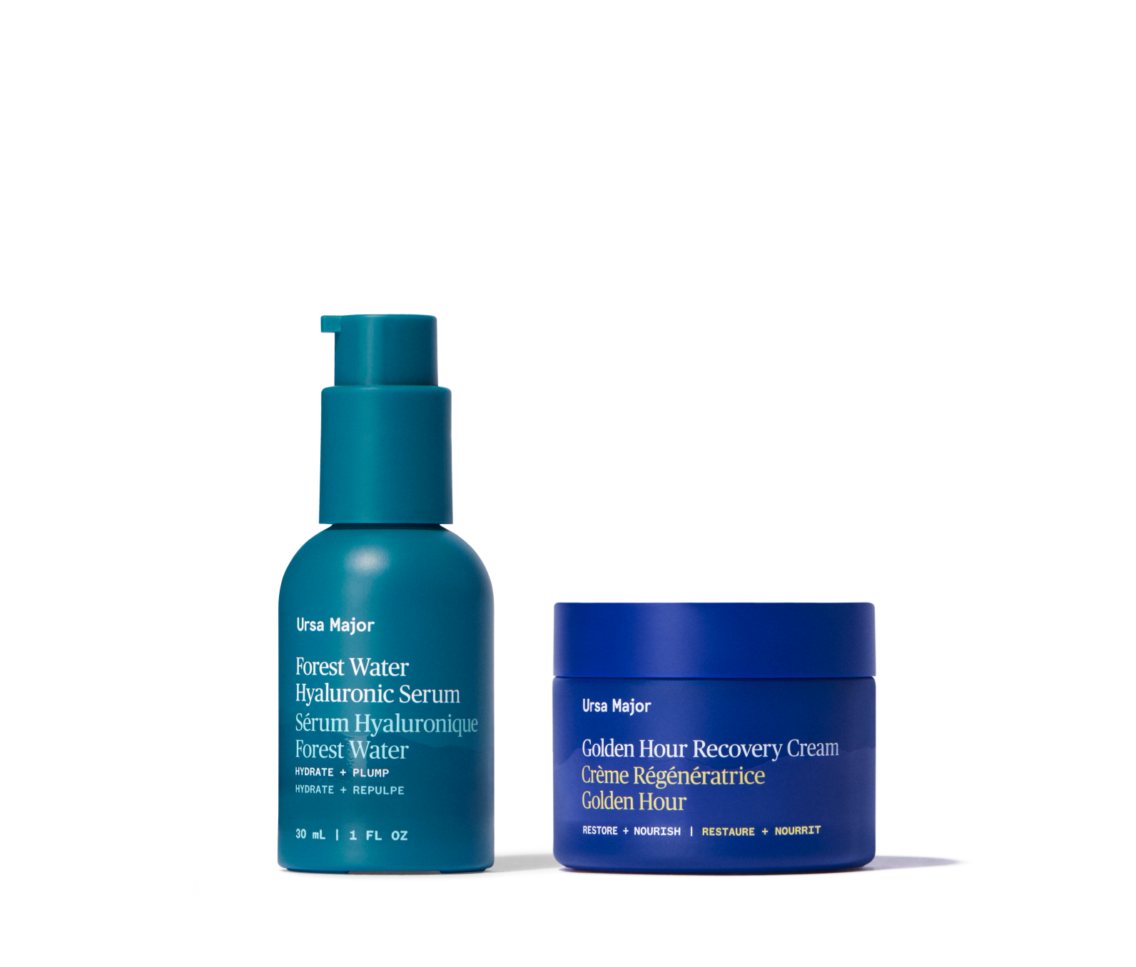 Two skincare products, a Forest Water Serum and Golden Hour Recovery Cream cream, from the brand Ursa Major on a white background.