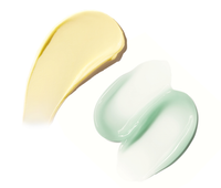 Two swatches of product, one yellow cream and one green swatch, on a white background.