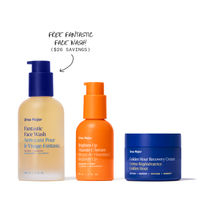 Three Ursa Major skincare products on a white background with text indicating a free face wash offer.