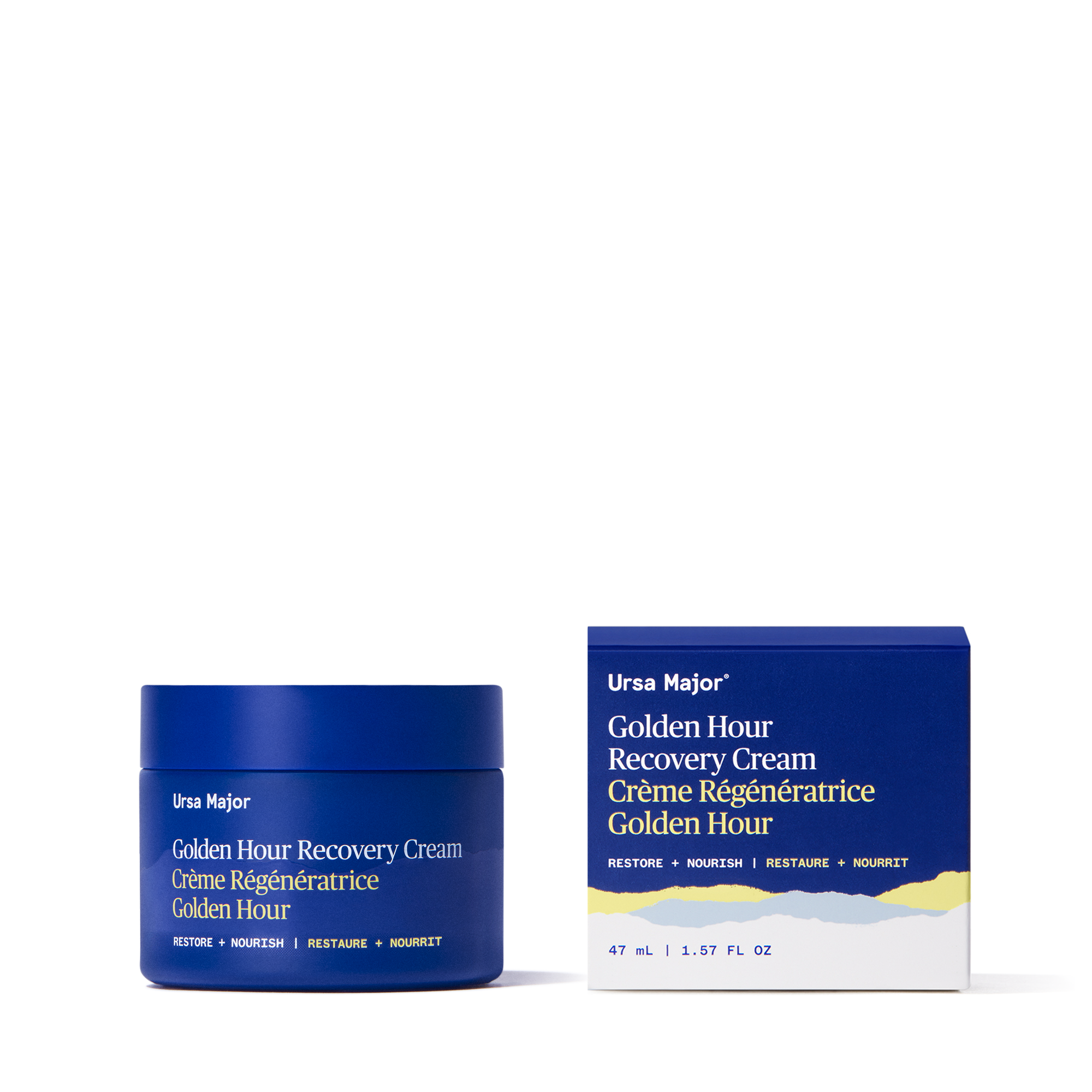 Ursa Major Golden Hour Recovery Cream jar and packaging on a white background