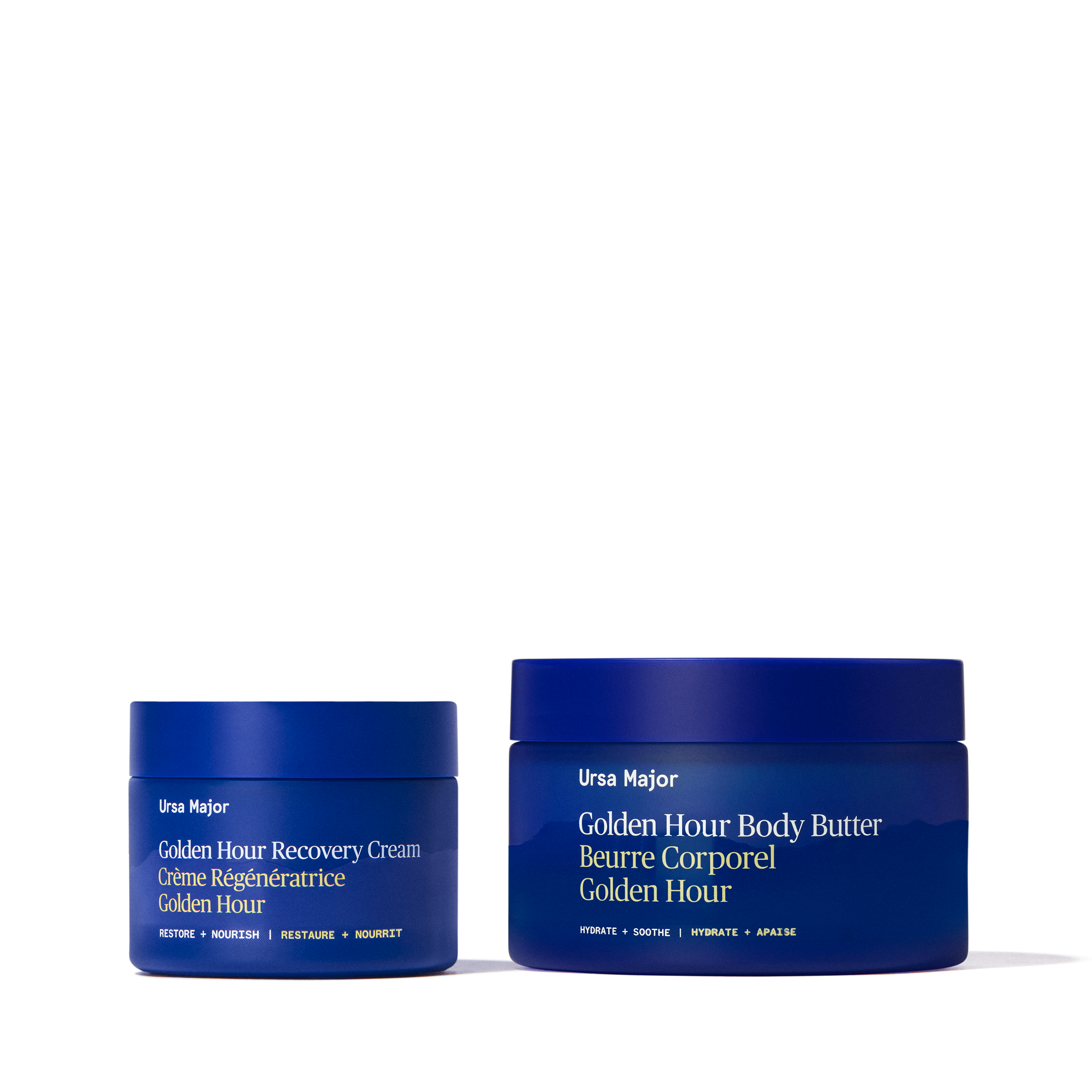 Two blue jars of Ursaa Major Golden Hour Recovery Cream and Body Butter on a white background