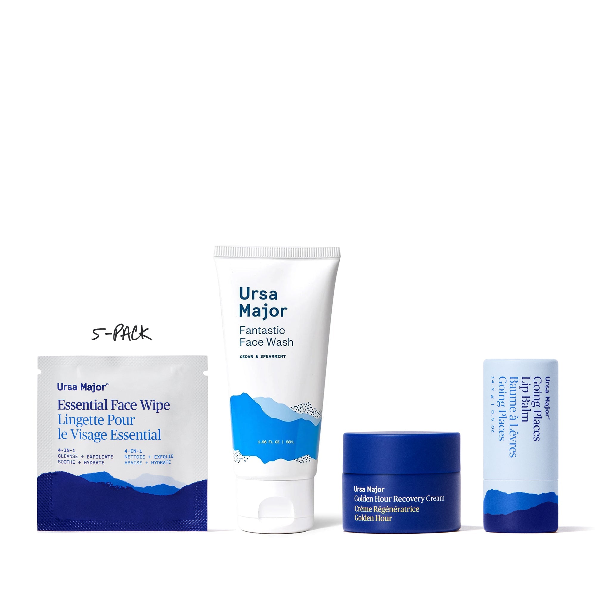 Set of Ursa Major skincare products including face wash, wipes, and cream on a white background