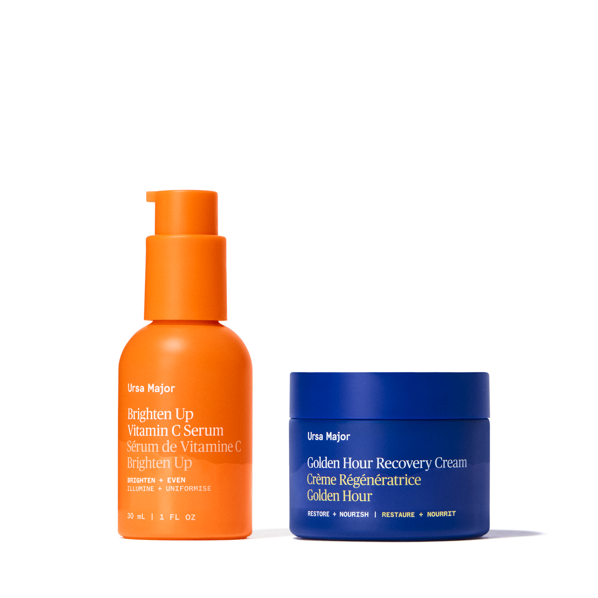 Orange serum bottle and blue cream jar on a white background