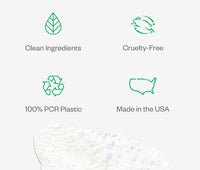 Infographic showing Ursa Major Citrus Riot is made with clean ingredients, is cruelty-free, made with 100% PCR plastic, and is made is the USA.