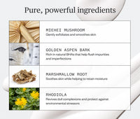 Infographic showing some of the pure powerful ingredients in Ursa Major Making Moves Milky Cleanser. Miehei Mushroom gently exfoliates and smoothes skin/  Golden Aspen Bark is rich in natural BHAs that help flish impurities and imperfections.  Marshmallow Root soothes skin while helping to retain moisture.  Rhodiola revives full complexions and protect against environmental stressors.