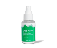 Bottle of Ursa Major Sublime Sage Spray Deodorant on a white background.  Bottle is clear with a white label with white lettering over green mountains.