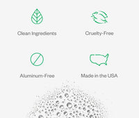 Infographic image showing this product has clean ingredients, is cruelty-free, aluminum free, and is made in the USA.