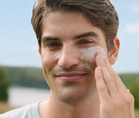 Smiling man applying cream to his cheek outdoors with a blurred natural background
