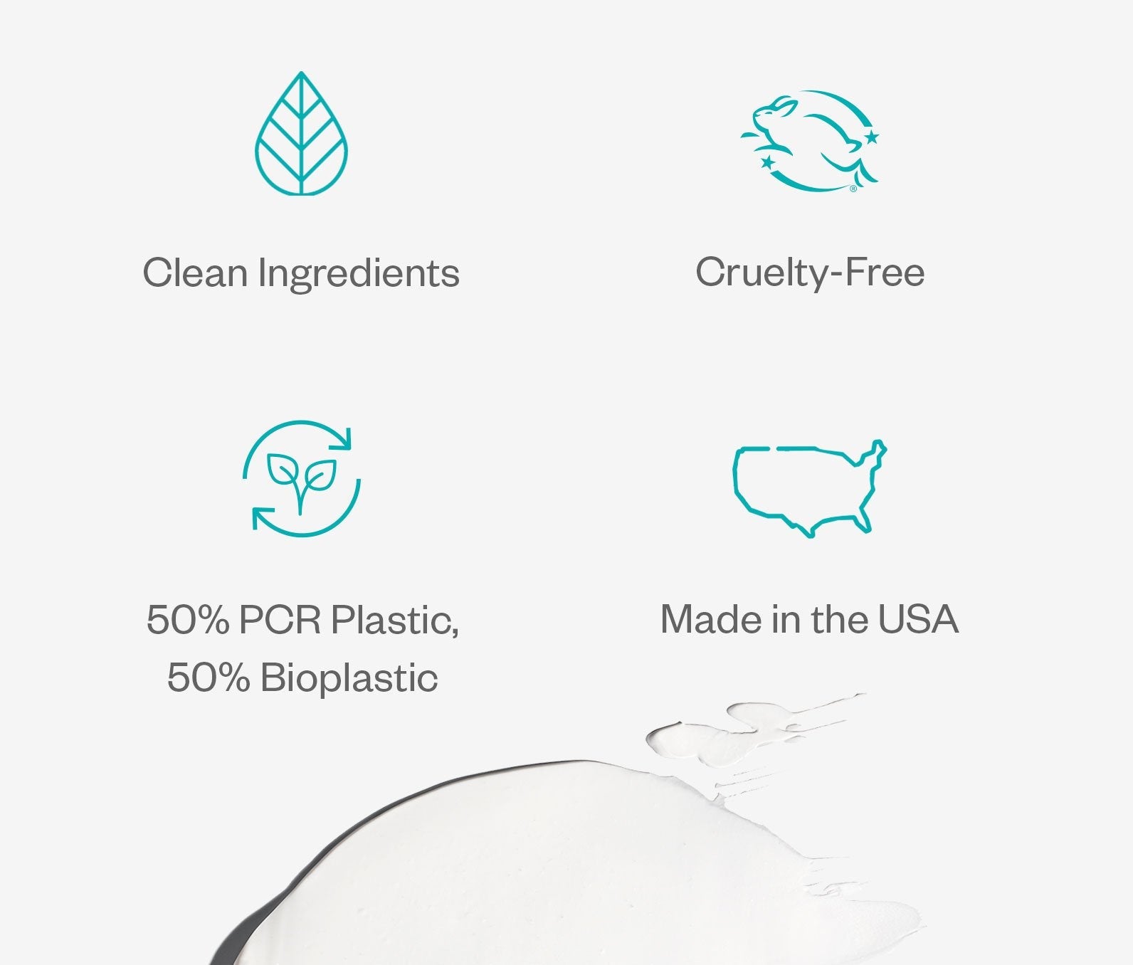 A graphic depicting the benefits of Ursa Major Stellar Shave Cream. Benefits include: Clean ingredients, cruelty-free, 50% PCR Plastic & 50% Bioplastic, and Made in the USA.